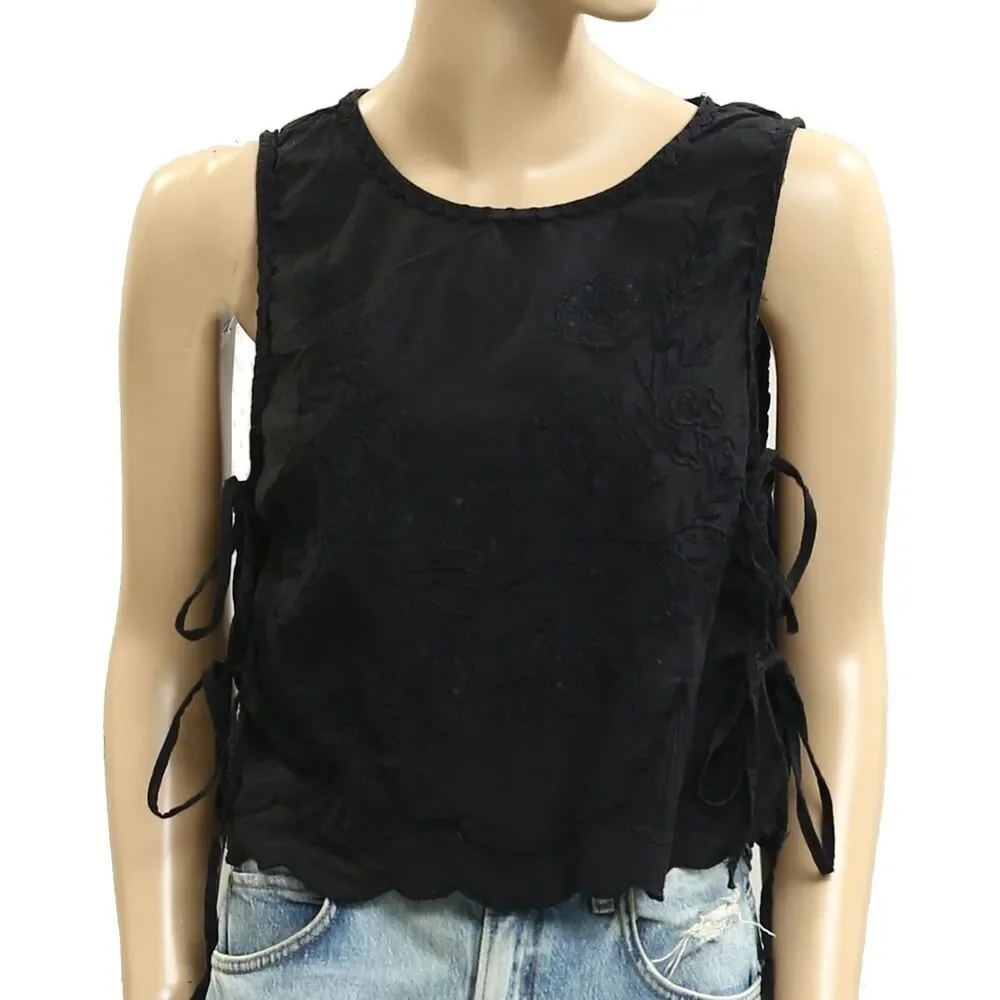 Free People Faded Gardens Tank Cropped Top Floral Embroidered Cotton XL 288563